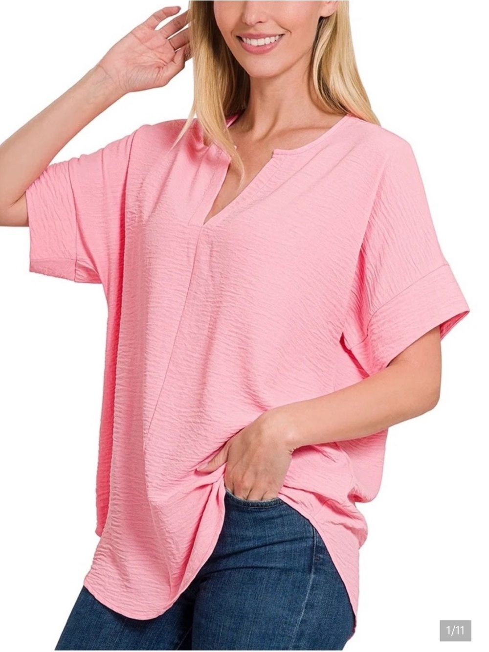 Zenana Outfitters Woven Airflow Split V-Neck Top
